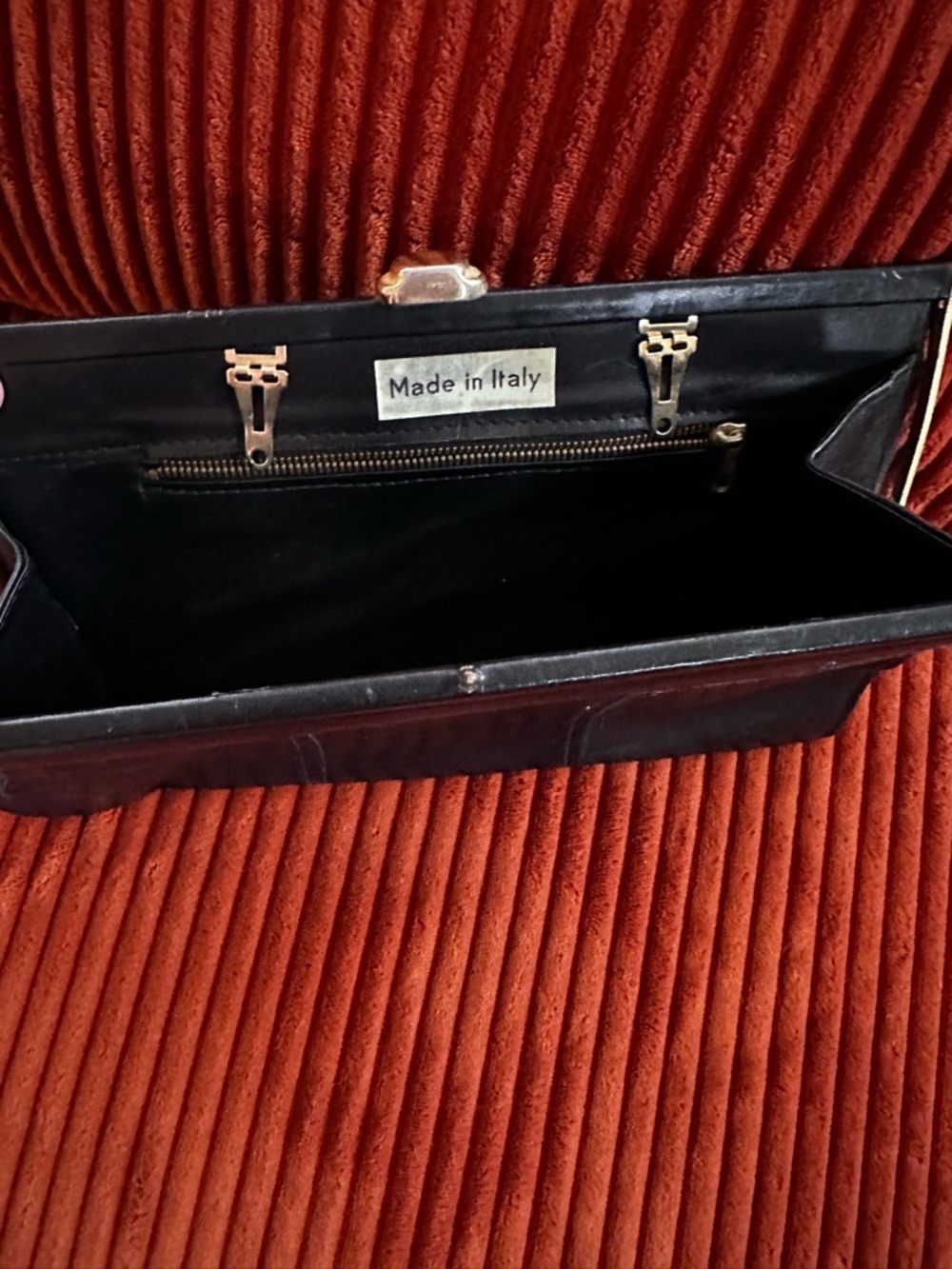 Vintage Black Leather Clutch with Gold-Tone Hardware. Coachella style.